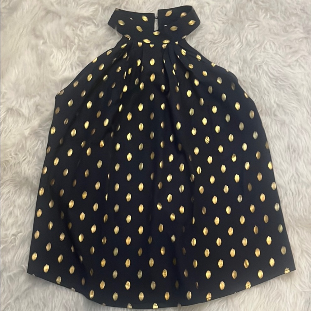 Chic Navy Blue and Gold Polka Dot Blouse